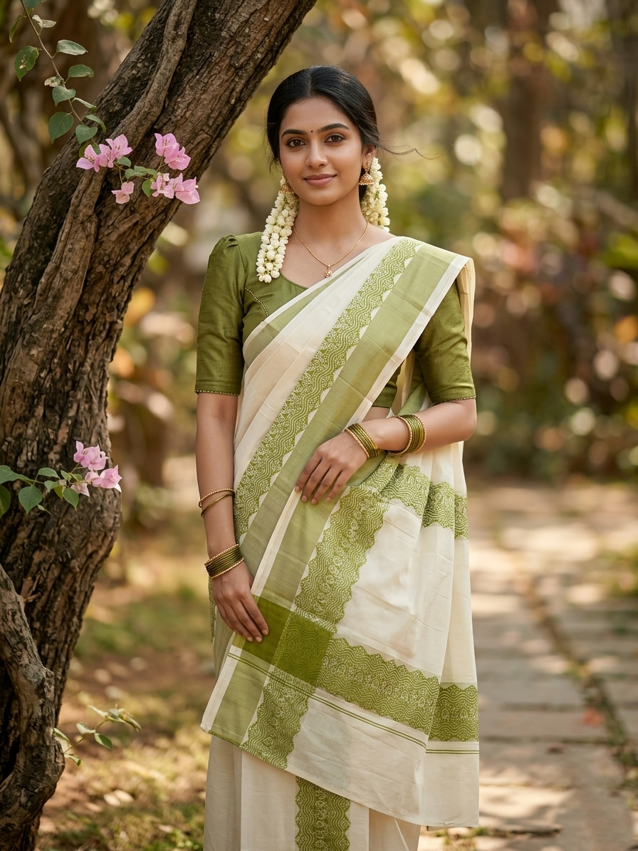 Kerala Cotton Single Set Mundu (Mundum Neriyathum) with Green Block print and Kasav Line Work Border 2.80Mtrs