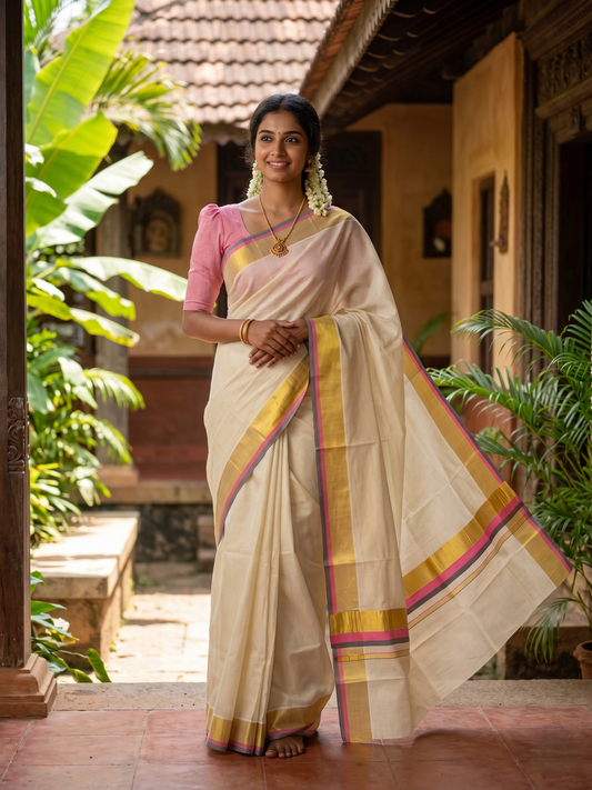 Southloom Kerala Cotton Kasavu Saree with Micro Check on Body In Pink And Grey Border SL347