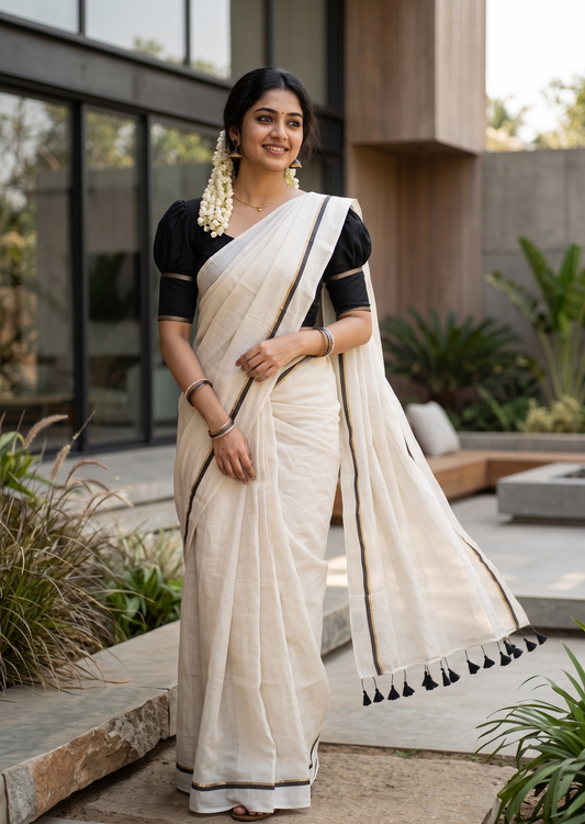 Southloom Mul Cotton 120 x 120 Soft Fabric Saree with Black &Gold Border SL215