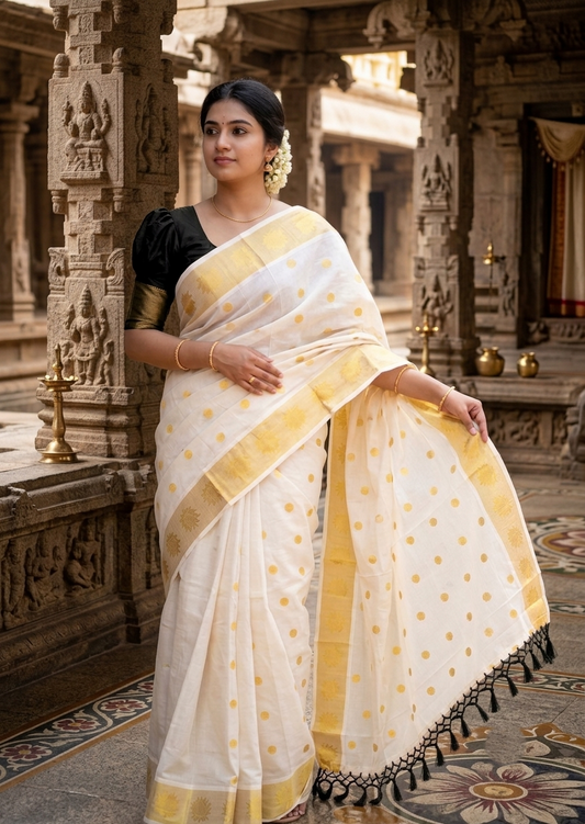 Southloom Kerala Cotton Kasavu Saree with Polka Woven Works on Body and Lotus Border with Black Tassels SL513