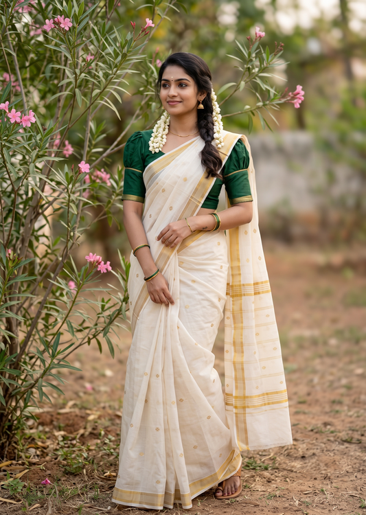 Southloom Super Premium Balaramapuram Handloom Cotton Saree with Gold Butta Design On Body  Gold Kasavu Border SL628