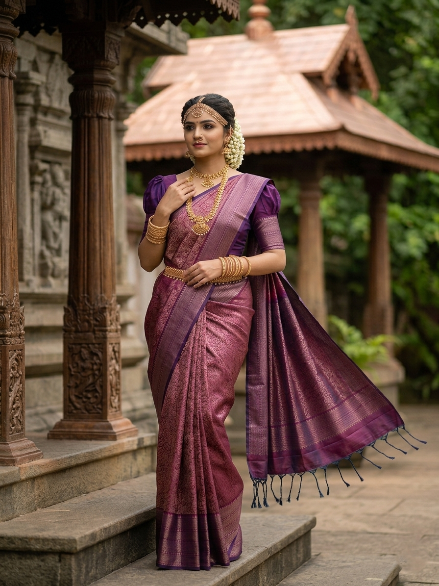 Southloom Pure Handloom Bridal Kanchipuram Silk Saree with Korvai Work (Purple)