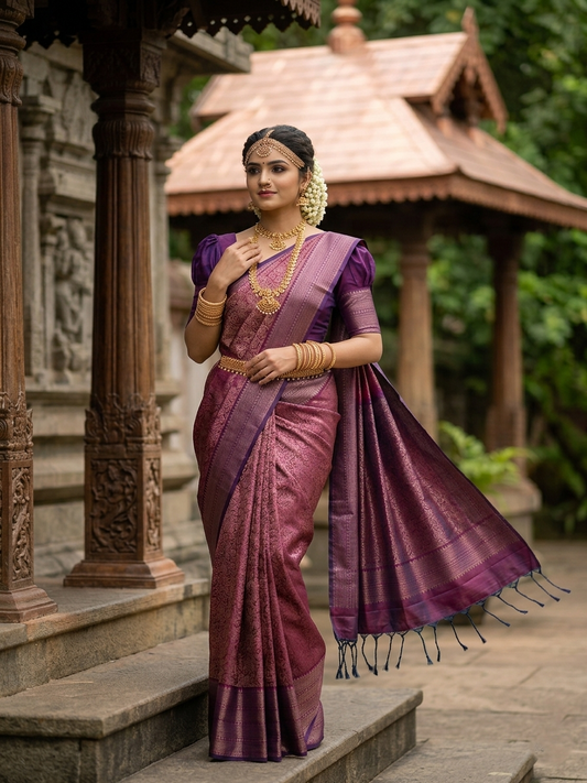 Southloom Pure Handloom Bridal Kanchipuram Silk Saree with Korvai Work (Purple)