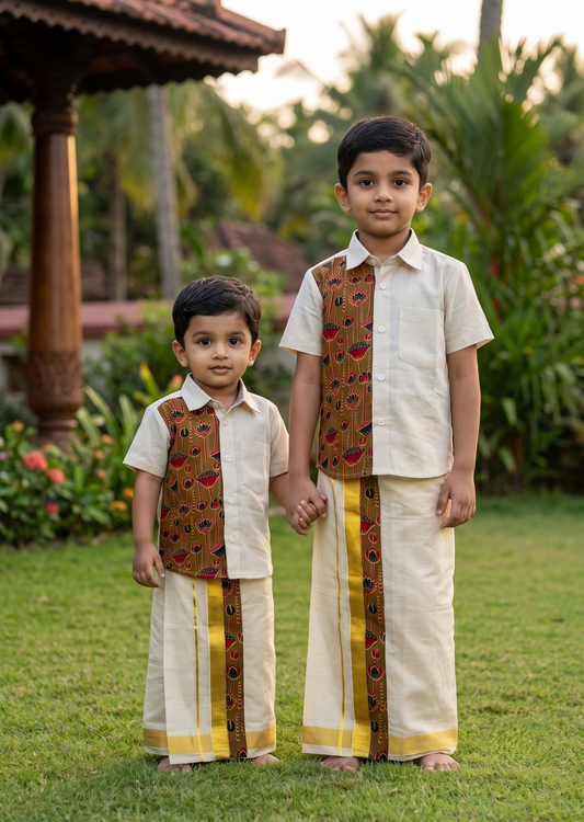 Southloom Tissue Ajrakh Printed Kids's Combo (Shirt + Velcro Mundu) SLKCOMBO SL611