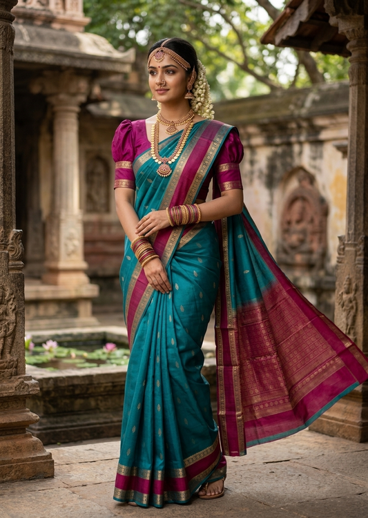 Southloom Pure Handloom Bridal Kanchipuram Silk Saree with Korvai Work (Blue & Magenta)