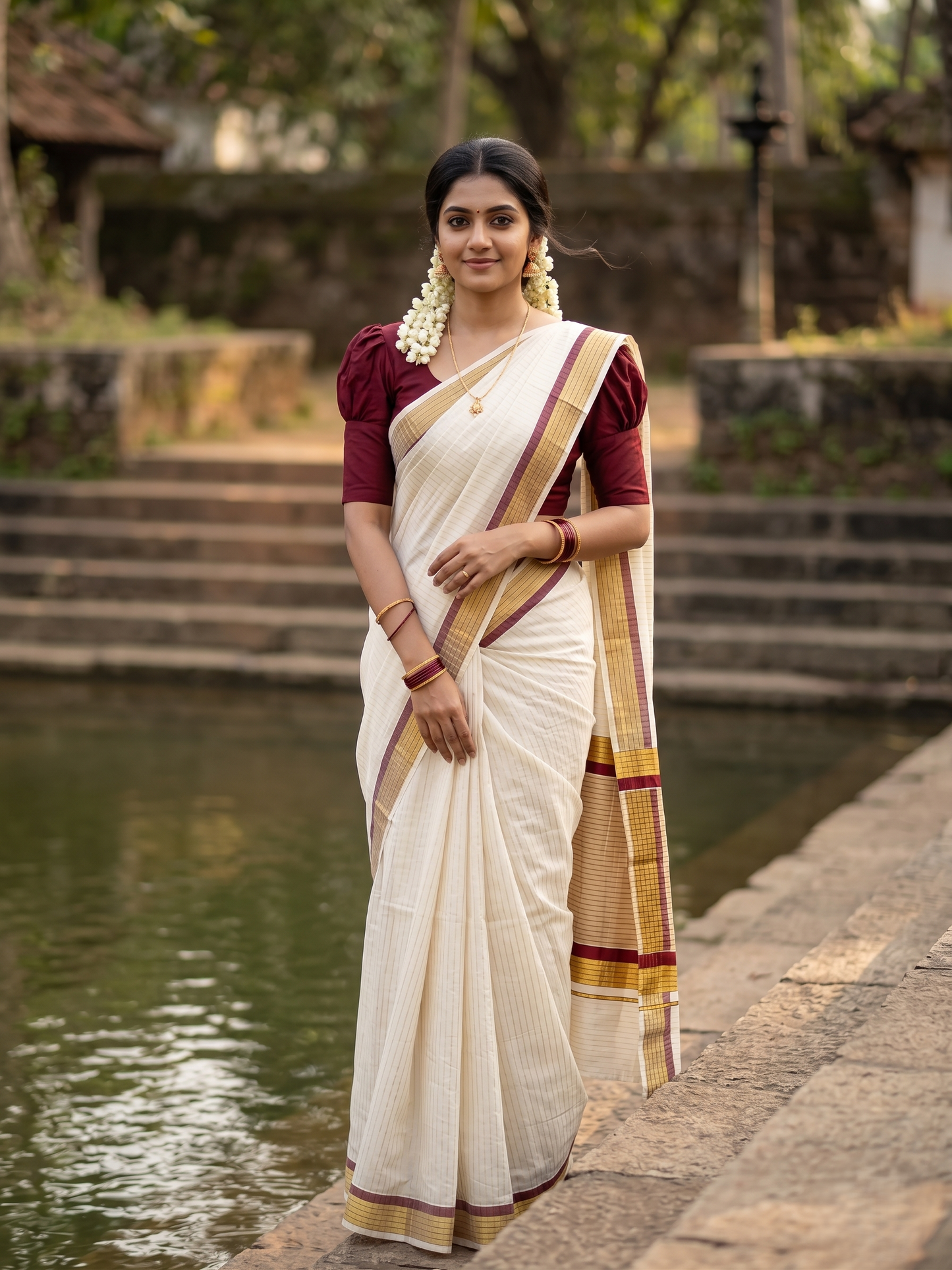 Southloom Kerala Pure Cotton Saree with Stripes on Body and Borders in Maroon SL334