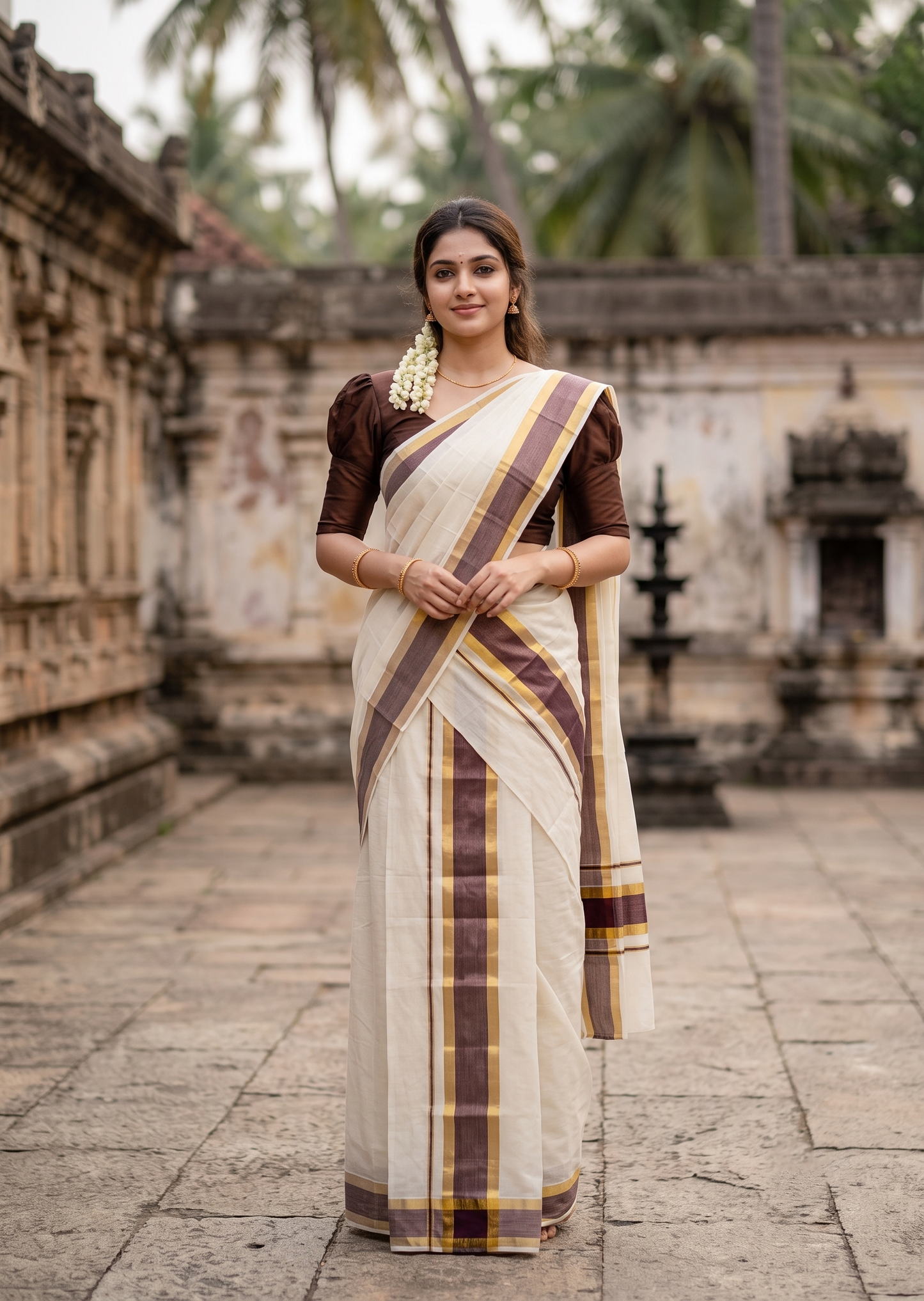 Southloom Pure Cotton Kerala Single Set Mundu (Mundum Neriyathum) with  Brown and Kasavu Border 2.80 Mtrs SLKK