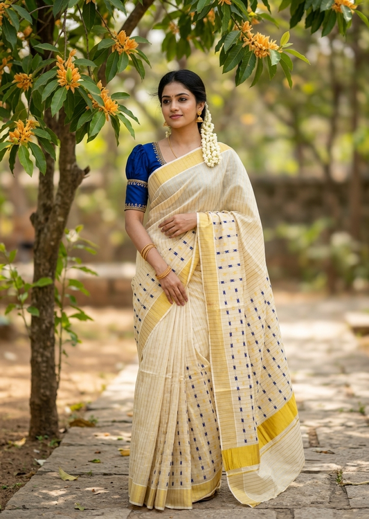 Southloom Tissue Kerala Kasavu Saree with Blue & Gold Embroidery Designs on Body
