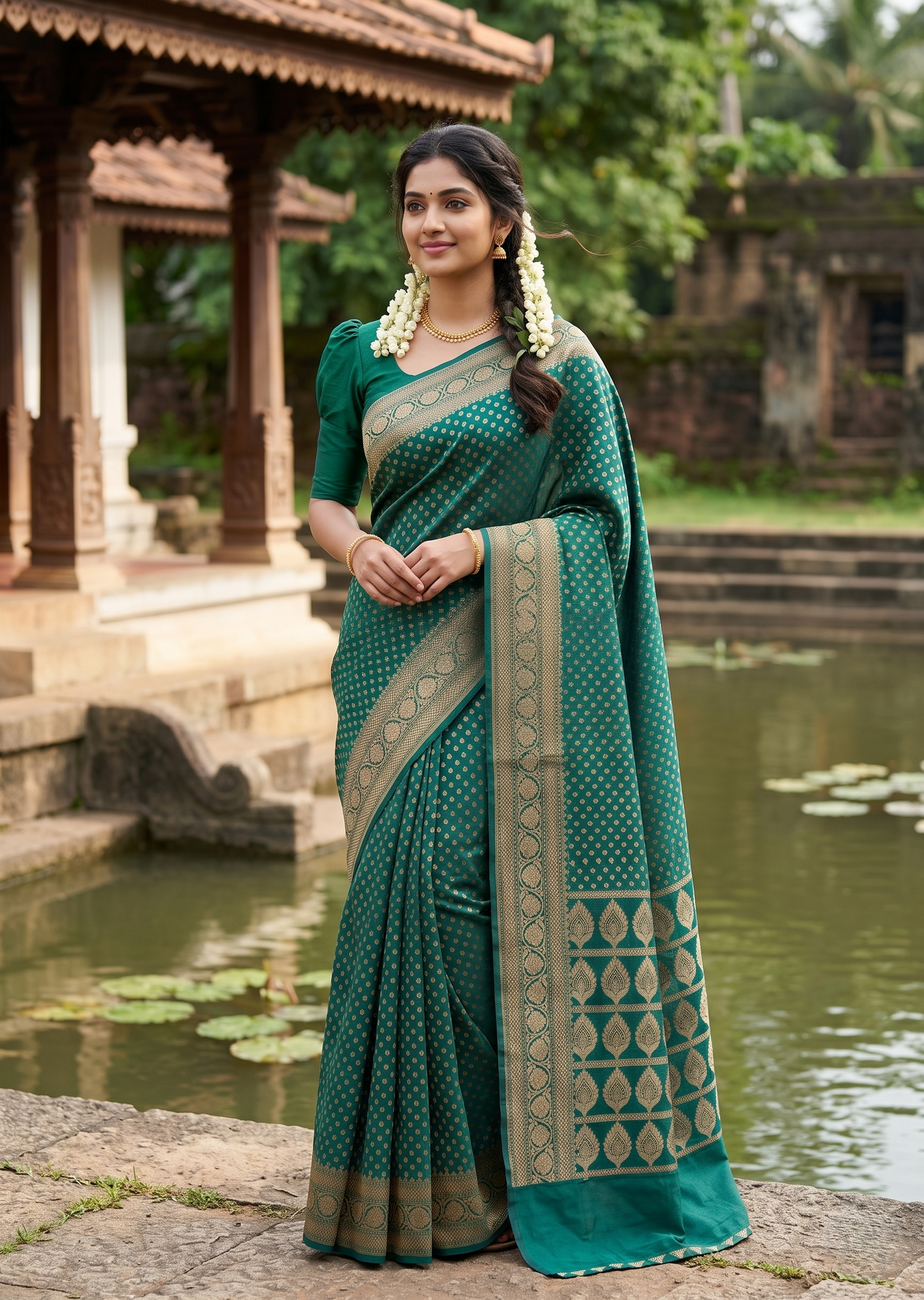 Southloom  Munga Silk Saree with Woven Work on Body and Borders (Green)