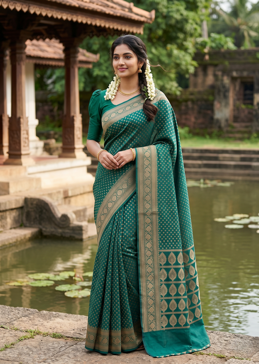 Southloom  Munga Silk Saree with Woven Work on Body and Borders (Green)