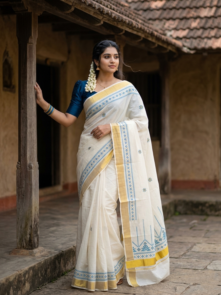 Southloom Pure Cotton Kerala Kasavu Saree with Blue Embroidery Designs