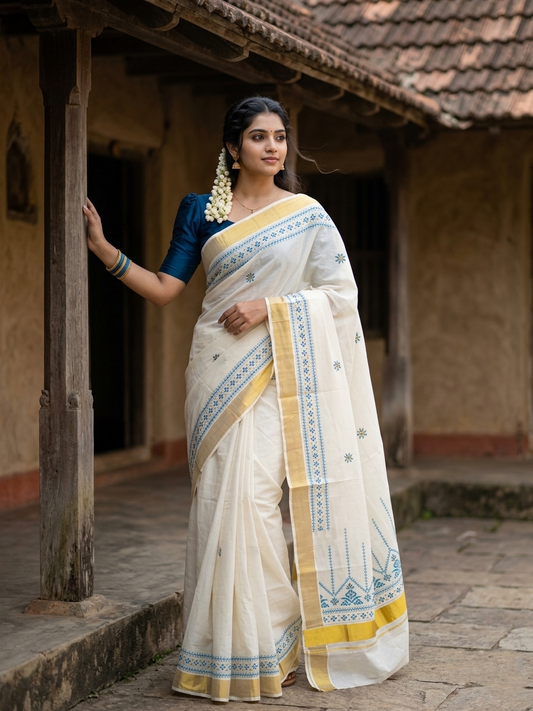 Southloom Pure Cotton Kerala Kasavu Saree with Blue Embroidery Designs