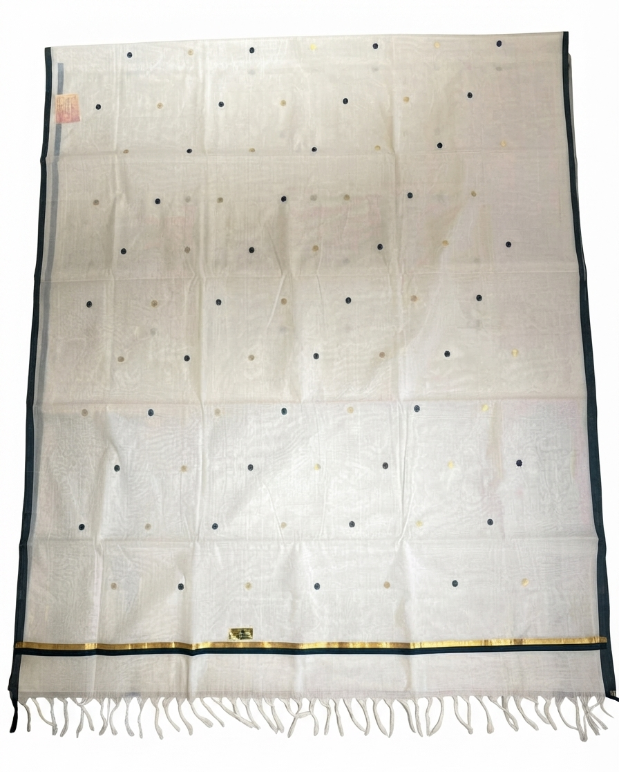 Southloom Kerala Cotton Handloom Saree With Green And Gold Polka Dot On The Body SL629