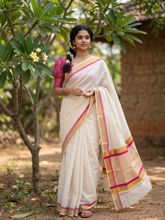 Southloom Kerala Pure Cotton Saree with Stripes on Body and Borders in pink SL334