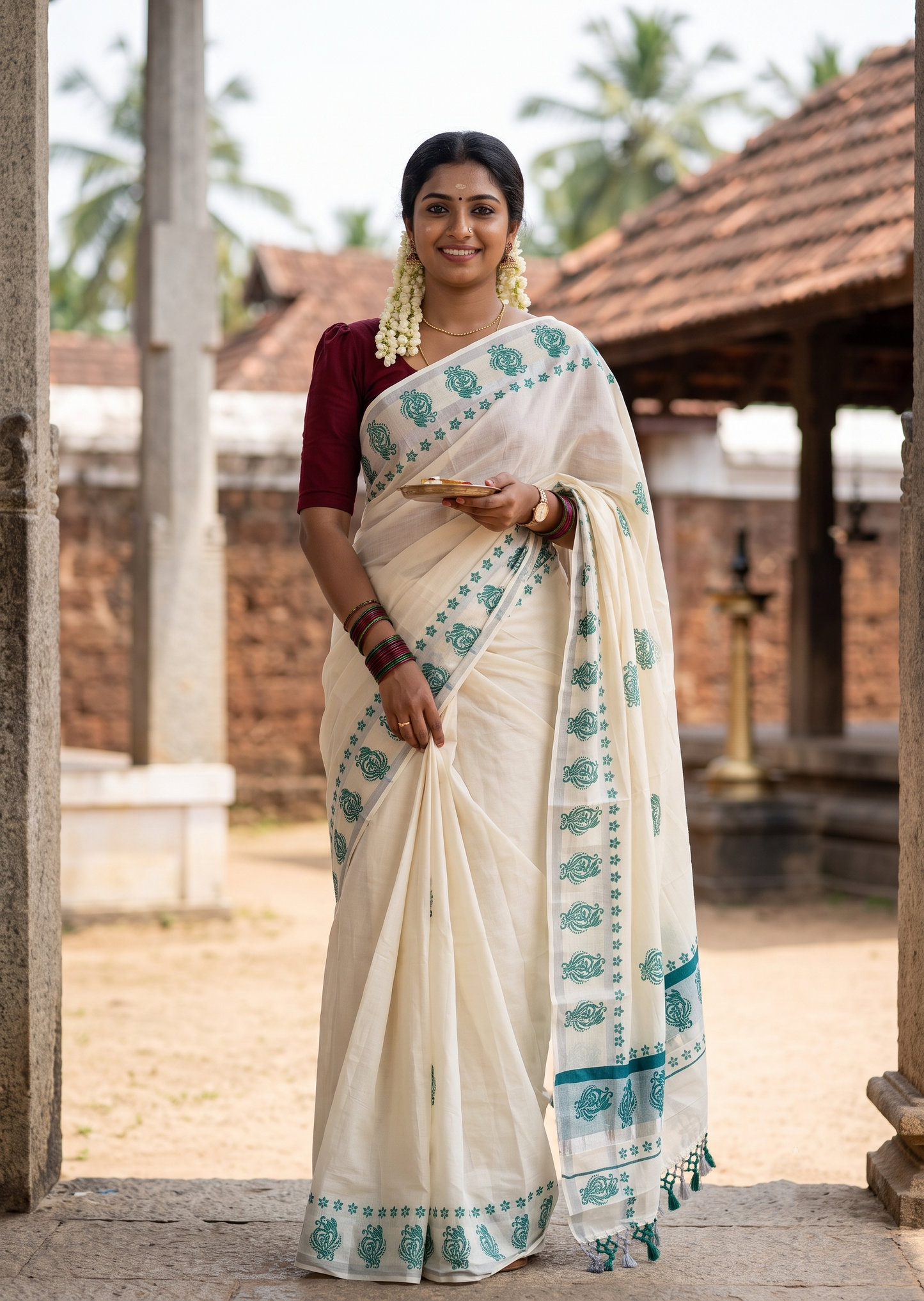 Southloom Cotton Kerala Kasavu Saree with Digital Print on Body in Peacock Blue SL519
