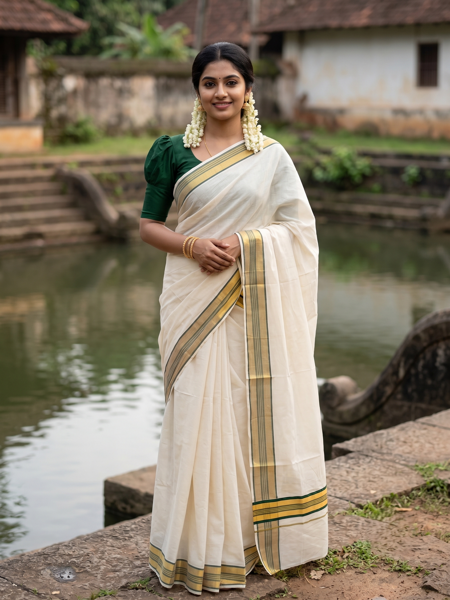 Southloom Kerala Cotton Kasavu Saree with Dark Green Border