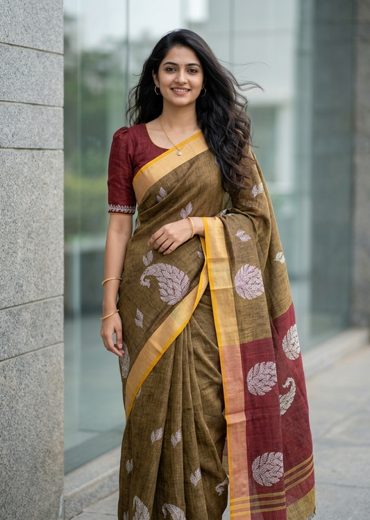 Southloom Kerala Linen Cotton Saree With Embroidery Work On the Body With Mustard Yellow And Maroon