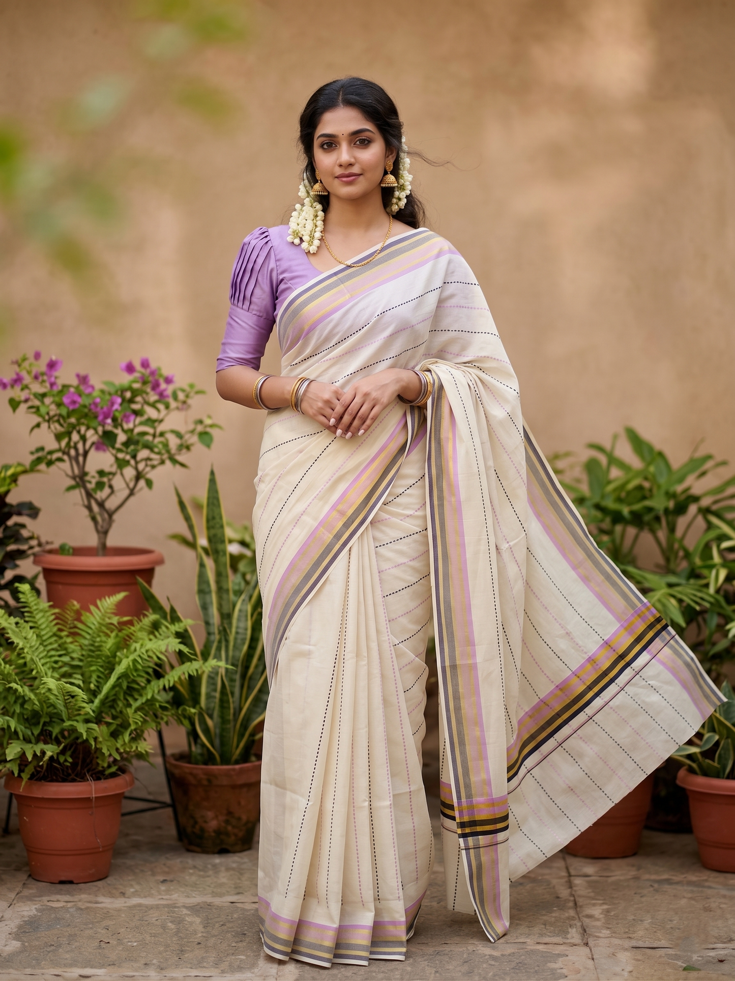 Southloom Cotton Kasavu Saree with Lavendar and Black Thread Work Across Body