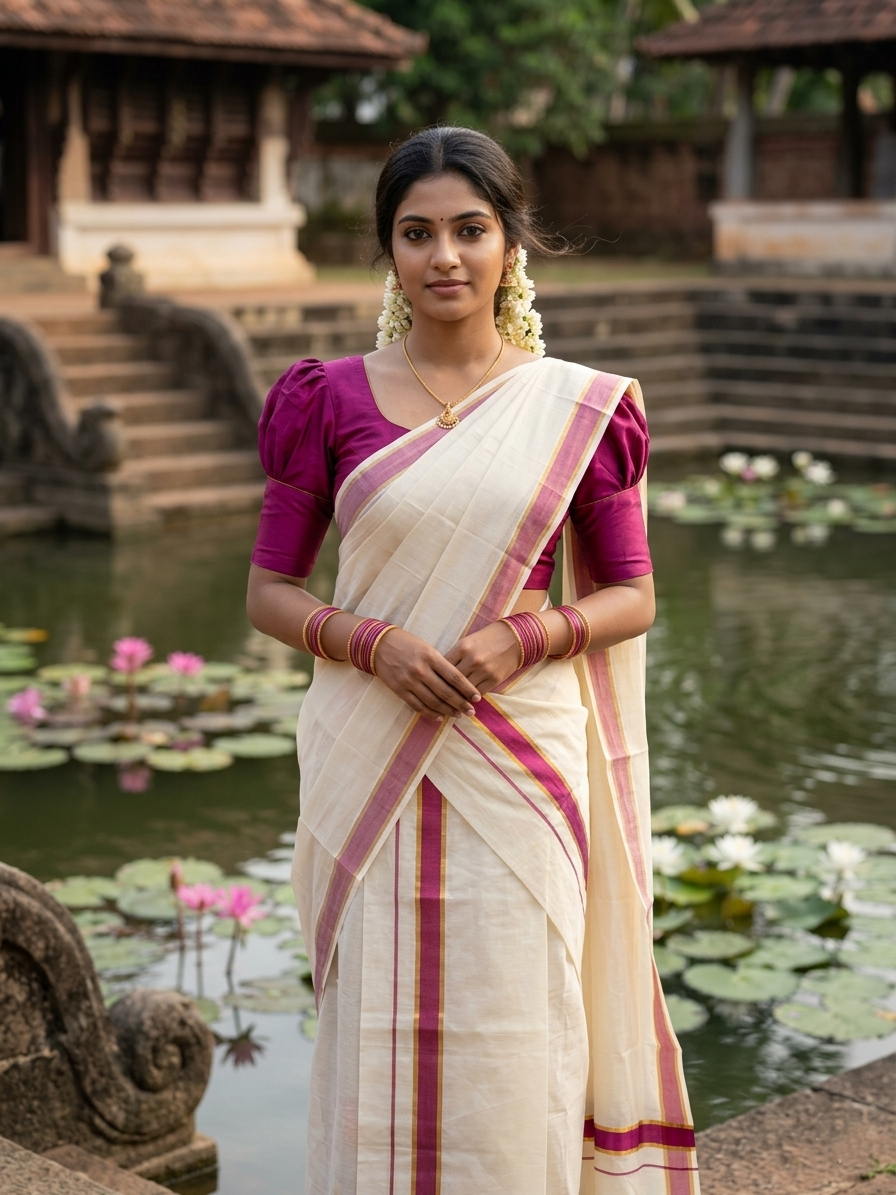 Southloom Pure Cotton Kerala Kasavu Set Mundu (Mundum Neriyathum) Gold Kasavu & Magenta Border in 2.80 Mtrs