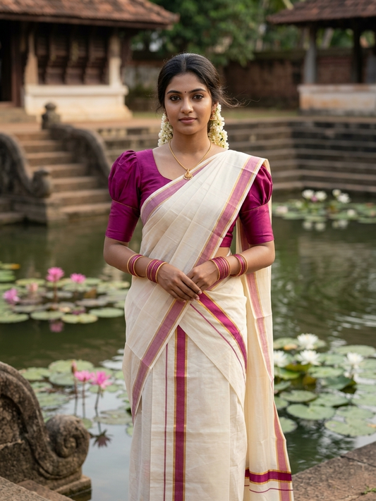 Southloom Pure Cotton Kerala Kasavu Set Mundu (Mundum Neriyathum) Gold Kasavu & Magenta Border in 2.80 Mtrs