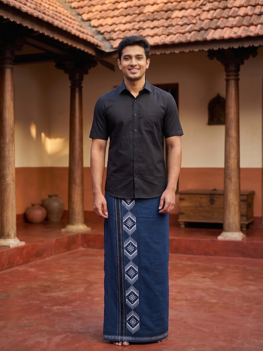 Southloom Blue Printed Single Mundu / Otta Mundu / Lungi (South Indian Kerala Dhoti)