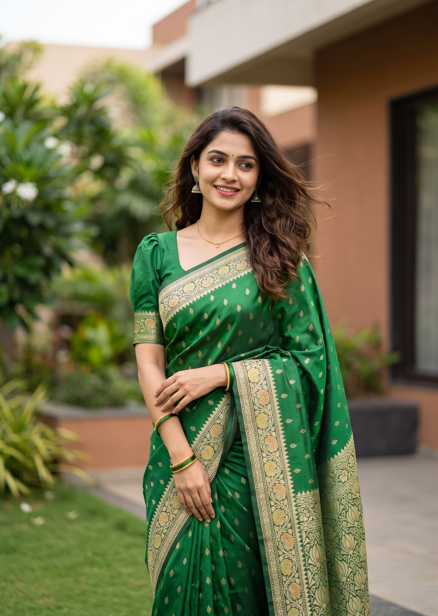 Southloom Satin Banarasi Silk Saree with Woven Work on Body And Borders In Green