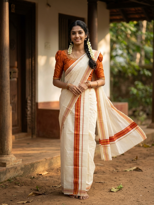 Kerala Cotton Set Mundu (Mundum Neriyathum) with Kasavu and Orange Border 2.80 Mtrs