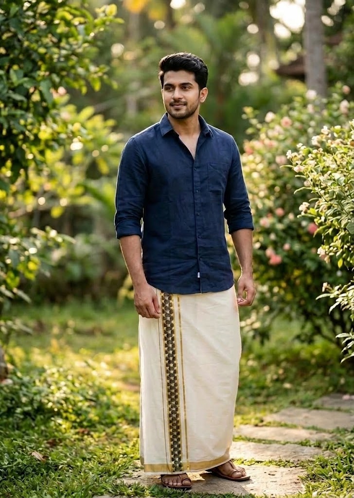Southloom Pure Cotton Double Mundu with Black Block Printed And Ksavu Border (South Indian Kerala Dhoti)SL597