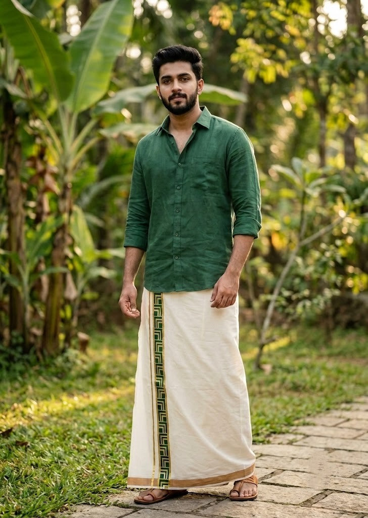 Southloom Pure Cotton Double Mundu with Green Block Printed And Ksavu Border (South Indian Kerala Dhoti)SL597
