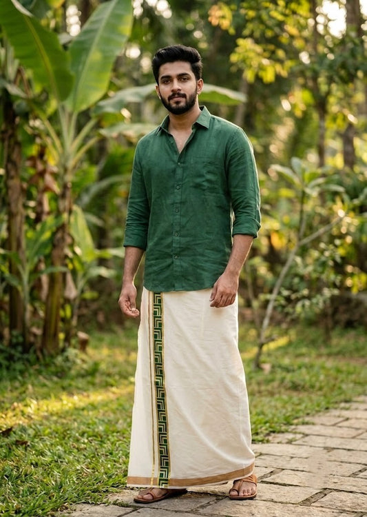 Southloom Pure Cotton Double Mundu with Green Block Printed And Ksavu Border (South Indian Kerala Dhoti)SL597