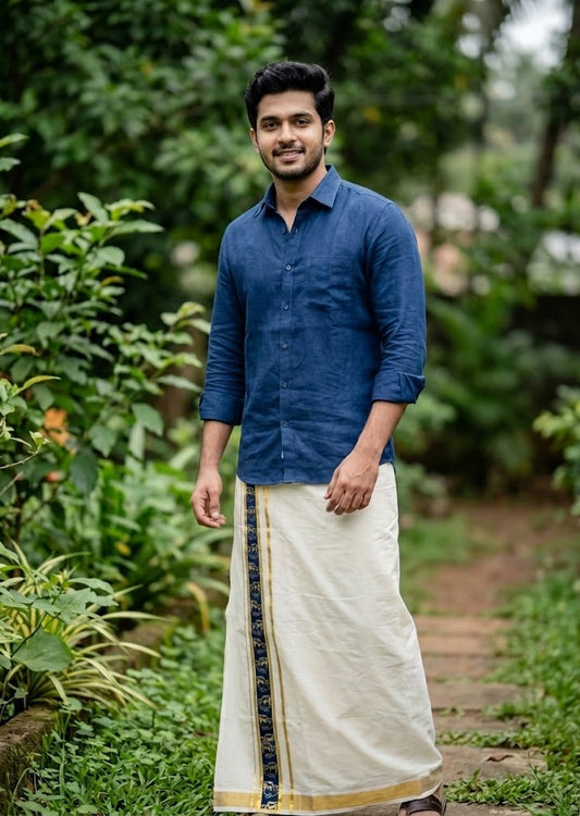 Southloom Pure Cotton Double Mundu with Blue Block Printed And Ksavu Border (South Indian Kerala Dhoti)SL597