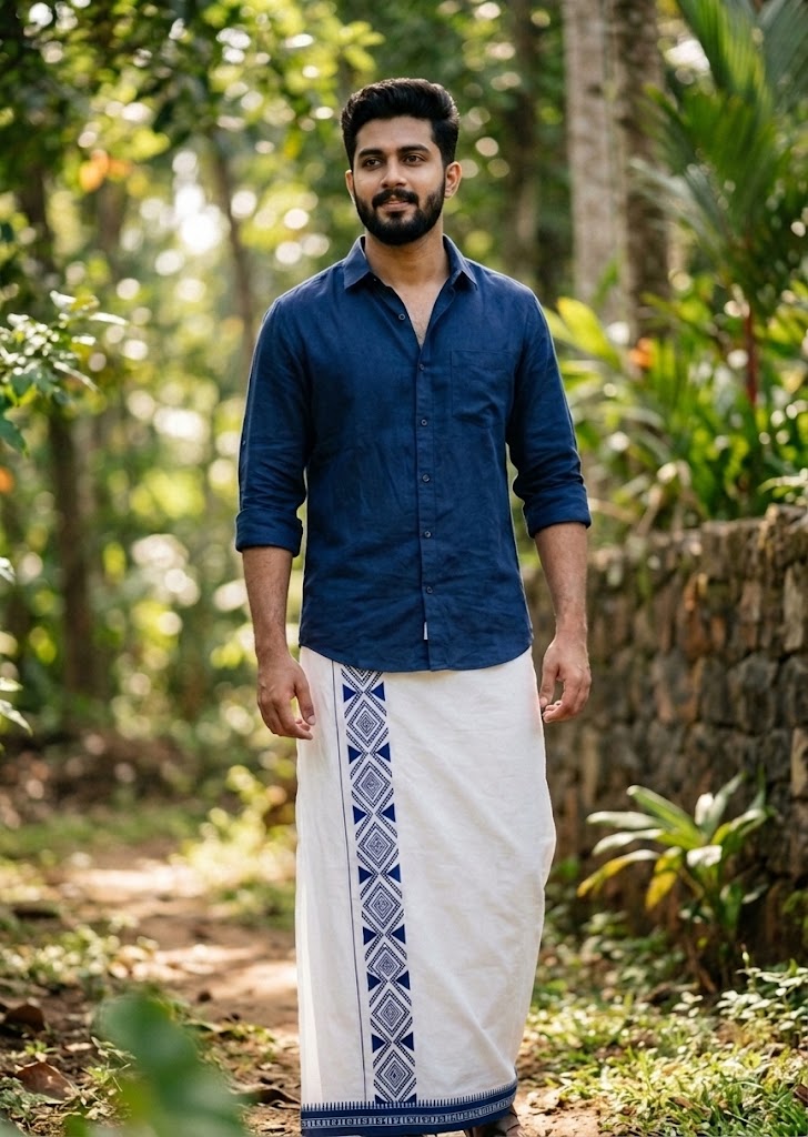 Southloom White Blue Printed Single Mundu / Otta Mundu / Lungi (South Indian Kerala Dhoti) SL622