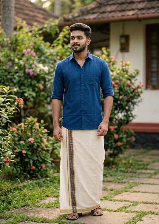 Southloom Pure Cotton Double Mundu with Blue Block Printed And Ksavu Border (South Indian Kerala Dhoti)SL597