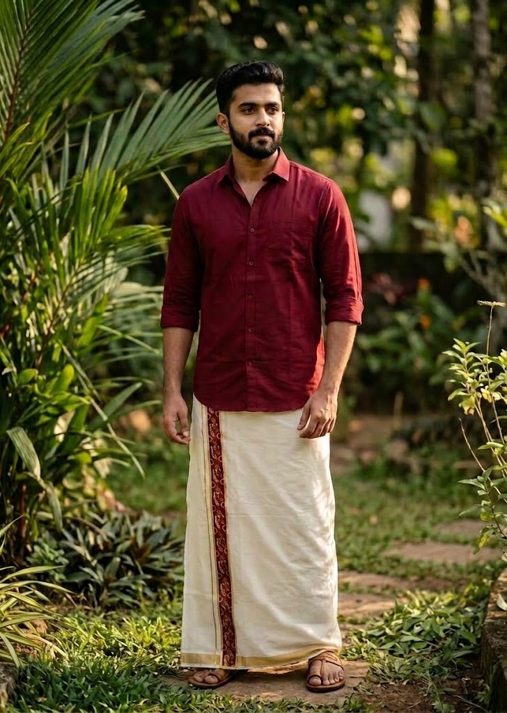 Southloom Pure Cotton Double Mundu with Maroon Block Printed And Ksavu Border (South Indian Kerala Dhoti)SL597