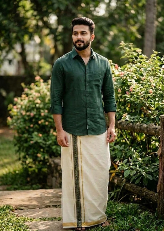 Southloom Pure Cotton Double Mundu with Green Block Printed And Ksavu Border (South Indian Kerala Dhoti)SL597