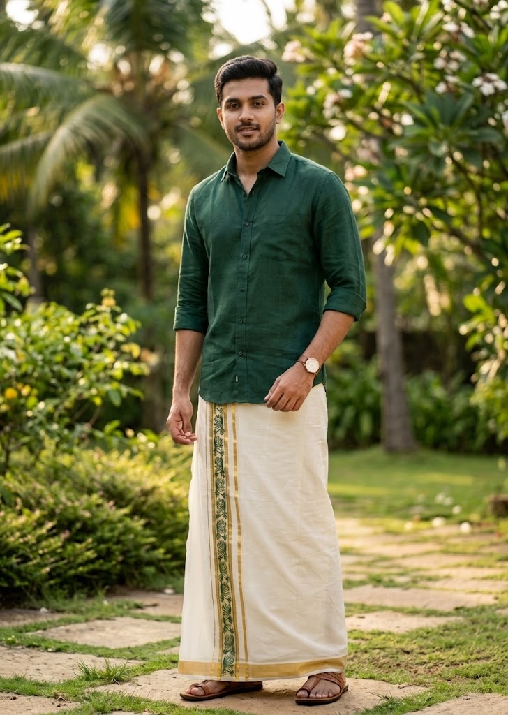southloom Pure Cotton Double Mundu with Block Prints on Green Border (South Indian Dhoti)SL597