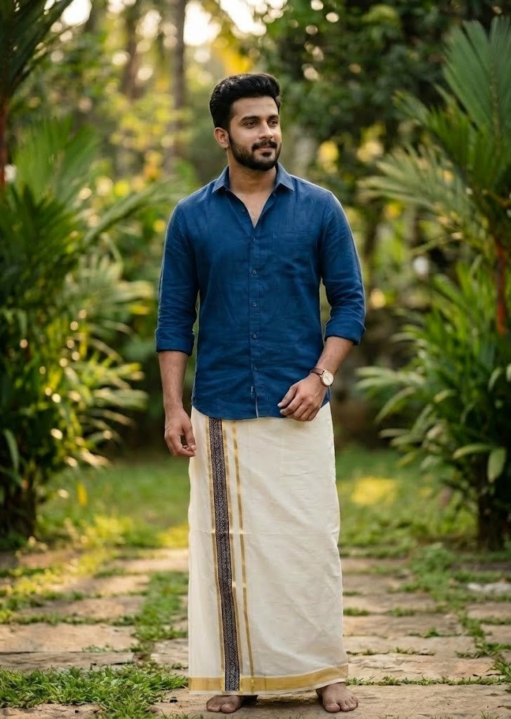 southloom Pure Cotton Double Mundu with Block Prints on Blue Border (South Indian Dhoti)SL597