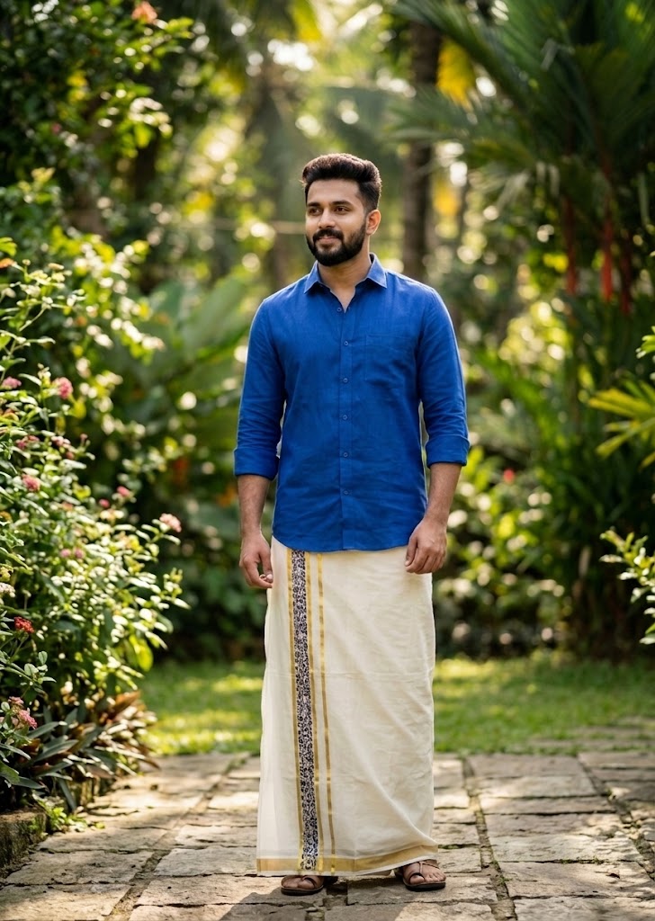 southloom Pure Cotton Double Mundu with Block Prints on Blue Border (South Indian Dhoti)SL597