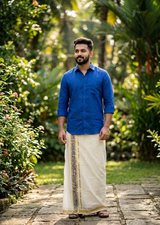 southloom Pure Cotton Double Mundu with Block Prints on Blue Border (South Indian Dhoti)SL597