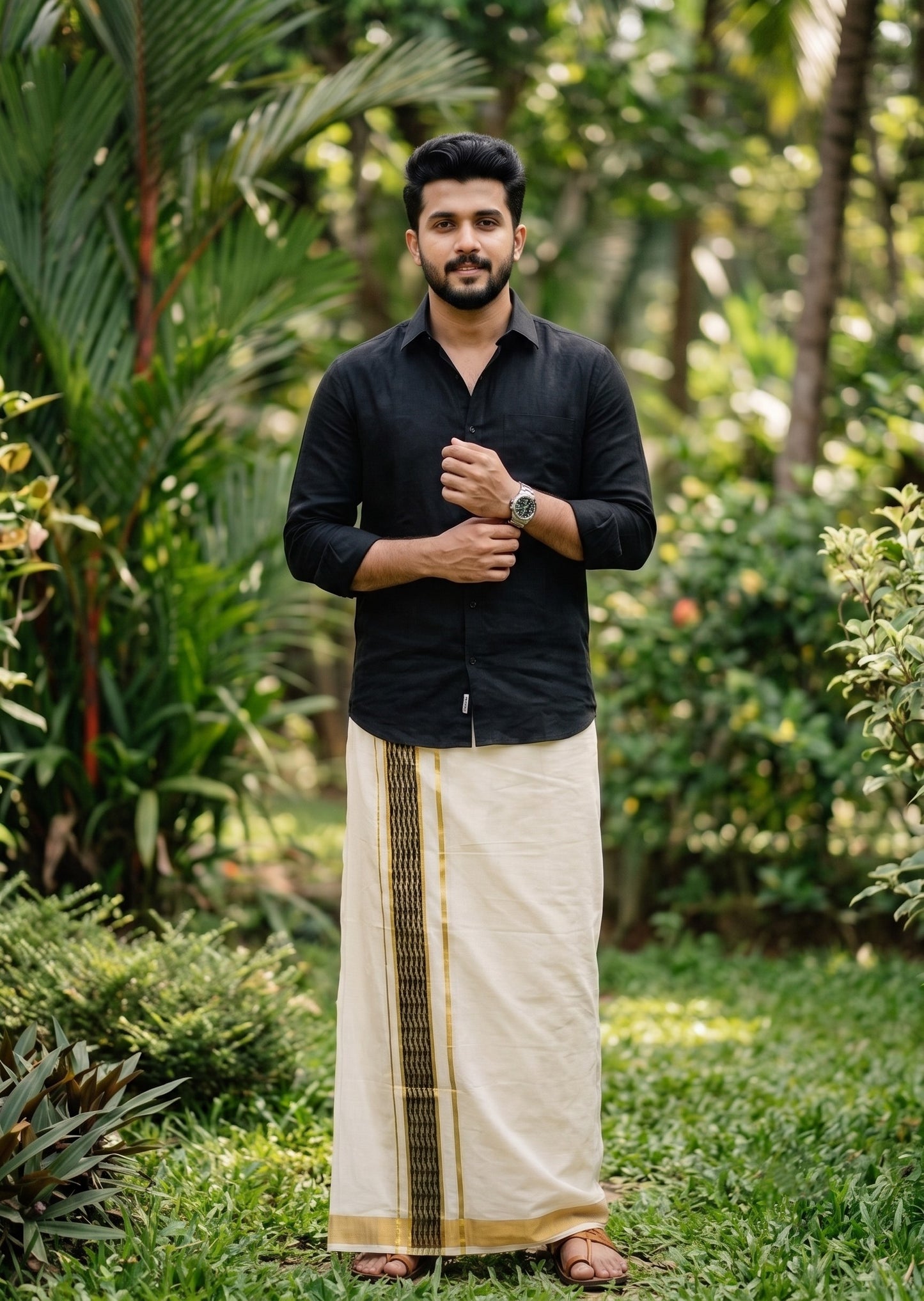 Southloom Pure Cotton Double Mundu with Black Block Printed And Ksavu Border (South Indian Kerala Dhoti)SL597
