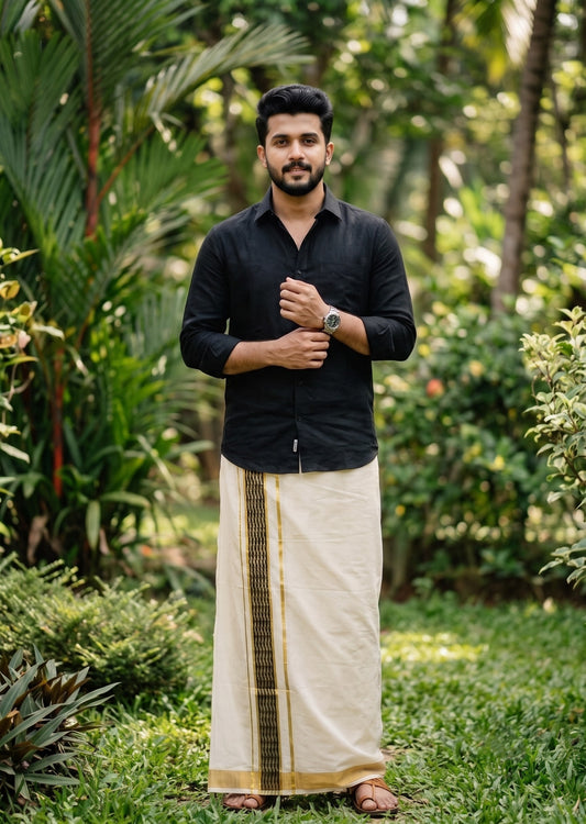 Southloom Pure Cotton Double Mundu with Black Block Printed And Ksavu Border (South Indian Kerala Dhoti)SL597