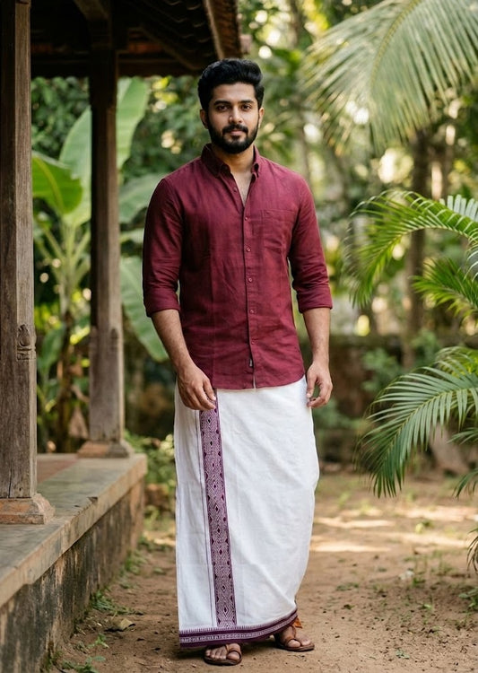 Southloom White Maroon Printed Single Mundu / Otta Mundu / Lungi (South Indian Kerala Dhoti) SL622