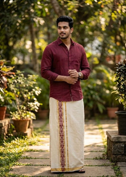 southloom Pure Cotton Double Mundu with Block Prints on Maroon Border (South Indian Dhoti)SL597