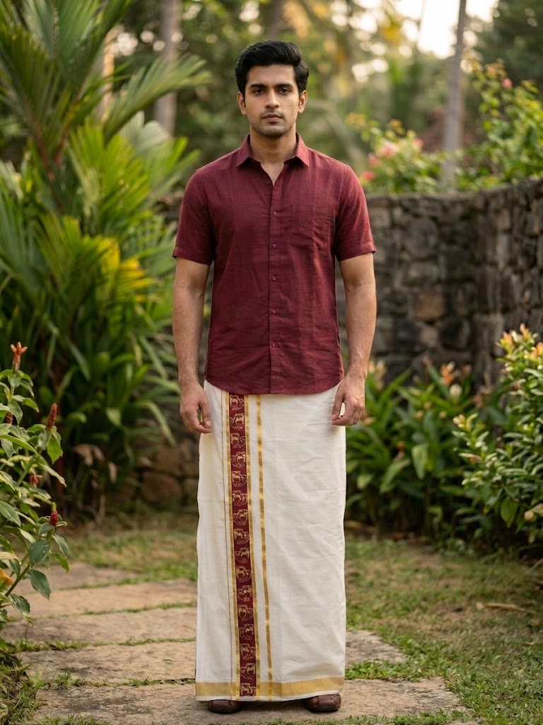 southloom Pure Cotton Double Mundu with Block Prints on Maroon Border (South Indian Dhoti)SL597