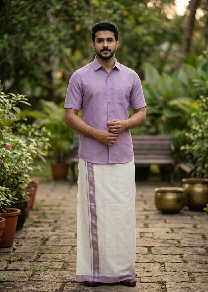 Southloom Pure Cotton Mundu with Siver Lines and Lavendar Border (South Indian Kerala Dhoti)