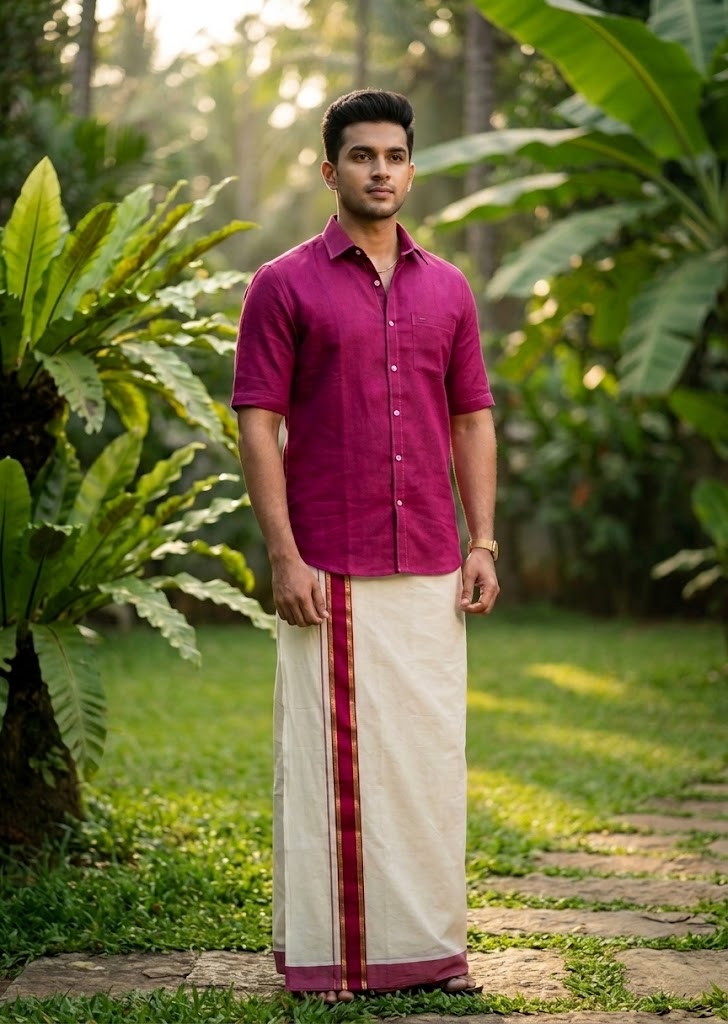 Southloom Pure Cotton Mundu with Siver Lines and Magenta Border (South Indian Kerala Dhoti)