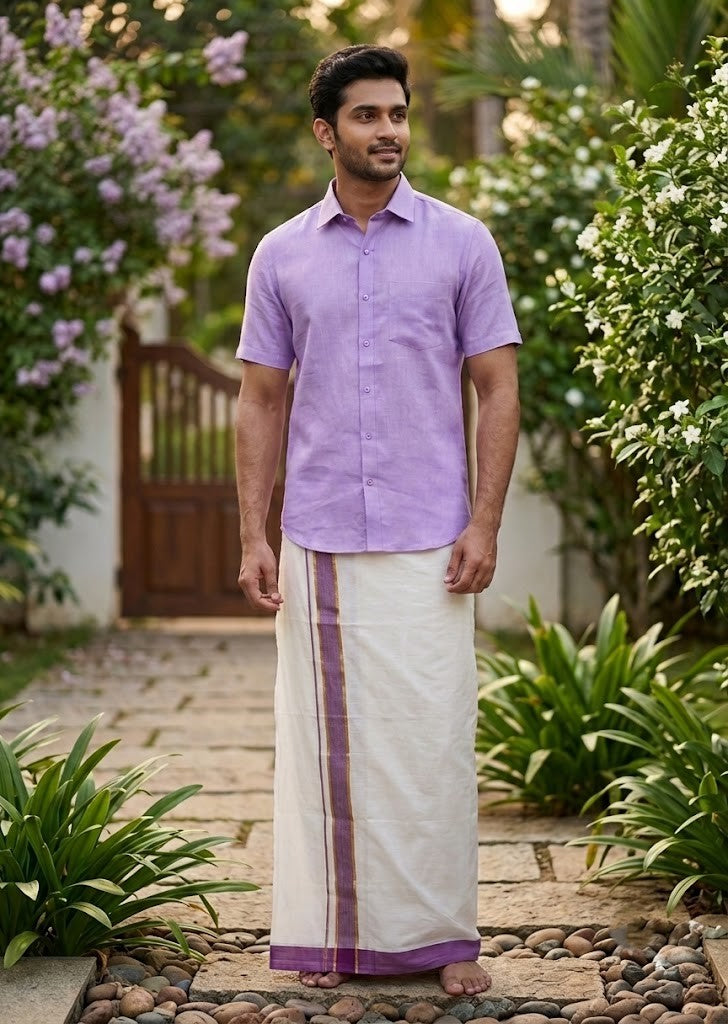 Southloom Pure Cotton Mundu with Siver Lines and Lavender Border (South Indian Kerala Dhoti)