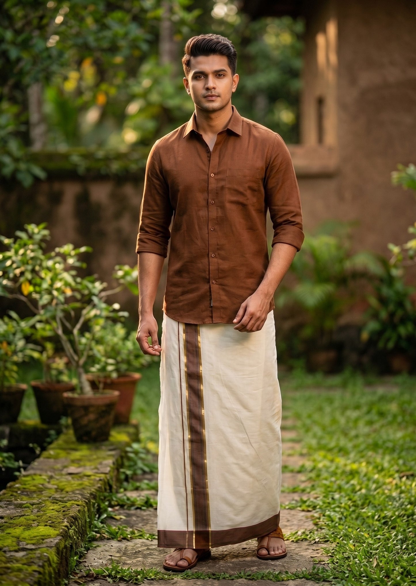 Southloom Pure Cotton Mundu with Siver Lines and Brown Border (South Indian Kerala Dhoti)