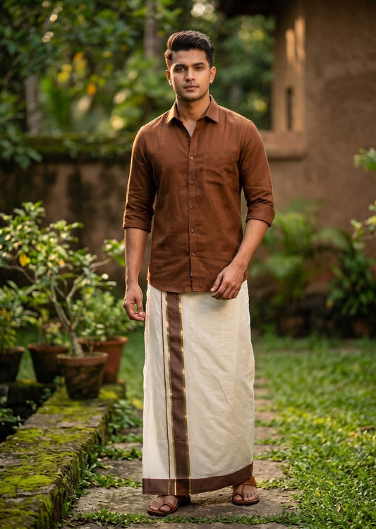 Southloom Pure Cotton Mundu with Siver Lines and Brown Border (South Indian Kerala Dhoti)