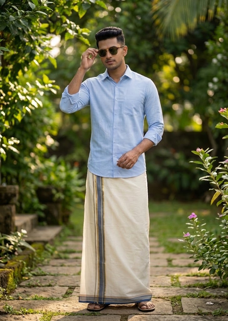 Southloom Pure Cotton Mundu with Siver Lines and Blue Border (South Indian Kerala Dhoti)